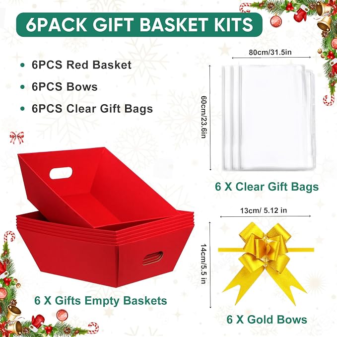 AFOROEOA 6PACK Red Baskets For Gifts Empty, 10x12”Thick Gift Basket with 6Bows 6Bags Empty Gift Baskets for Christmas, Easter, Birthdays, Valentine’s Day Wrapping Gift - Image 3