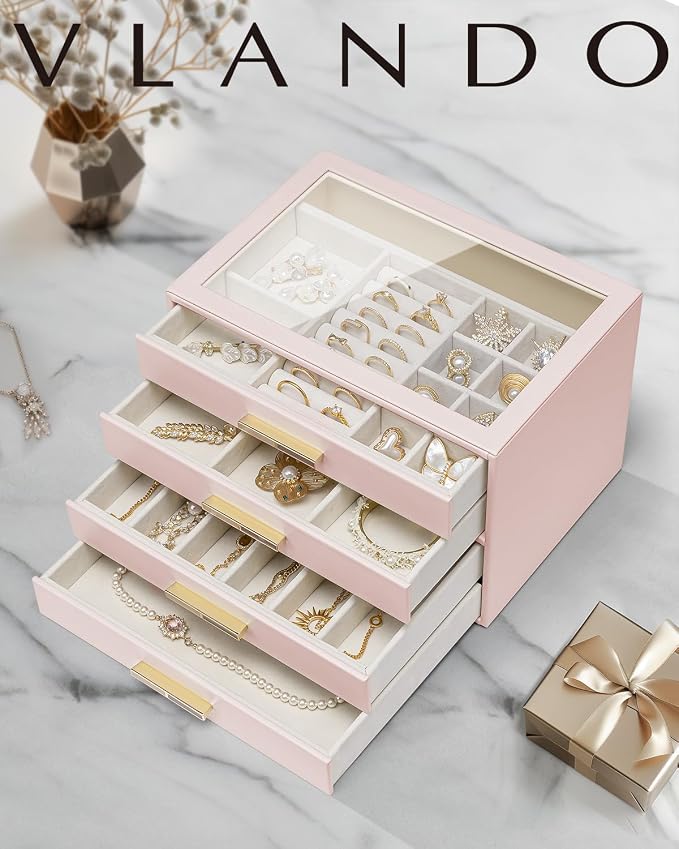 Vlando 4 Layer Jewelry Box for Women, Glass Lid Jewelry Organizer with 4 Drawers for Necklaces Rings Earrings Bracelets - Dark Pink - Image 6