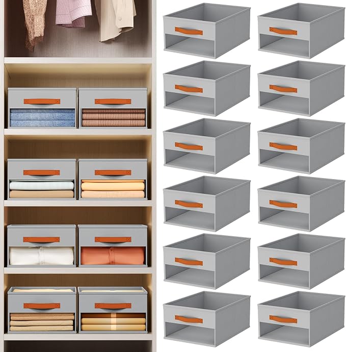 Homsorout Drawer Organizers and Storage - 12 Pack Foldable Pants Organizer with Clear Window & Handles, Fabric Closet Organizer for Clothes, Jeans, Sweaters, Towels, T-shirt, Scarf (Grey) - Image 2