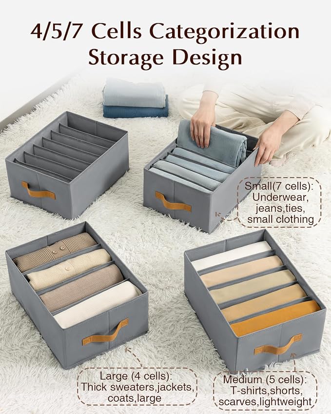 Homsorout Clothes Organizers and Storage - 4/5/7 Grids Fabric Jeans Organizer with Handles, Foldable Closet Organizers Dividers, Wardrobe organizer for Pant, Sweater, T-shirt, Scarf, 6 Pack, Pale Grey - Image 2