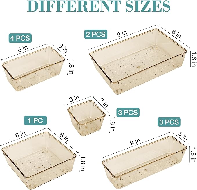 StorMiracle 13 PCS Drawer Organizer Set, 5 Varied Size Bathroom and kitchen Drawer cabinet organizer Trays, Clear Storage Bins for Makeup, Jewelry, Utensils and Gadgets, Champagne - Image 2