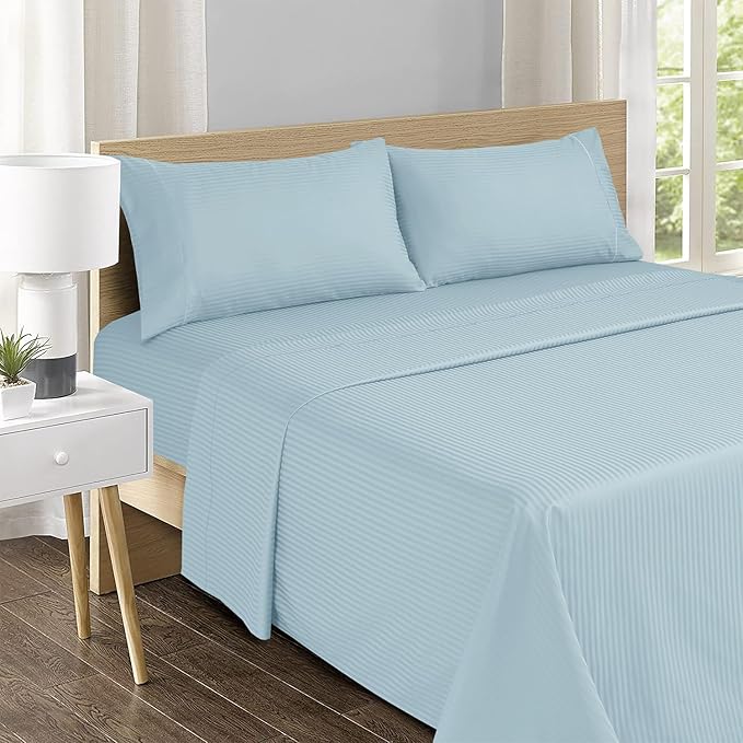 Feather & Stitch 500 TC Queen Size Damask Bed Sheet Set, 100% Cotton Soft Breathable Bedsheets, 4 Piece 18" Deep Pockets Sateen Weave Striped Bedding Mattress Resort Hotel Luxury- (Aqua Stripe)
