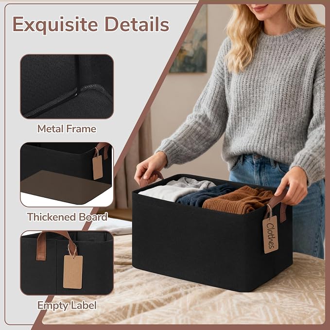 CHICVITA 4 Pack Storage Baskets for Shelves, Collapsible Fabric Closet Storage Bins with Metal Frame, Towel Organizer for Living Room, 14.8" x 10.3" x 8.3", Black - Image 5