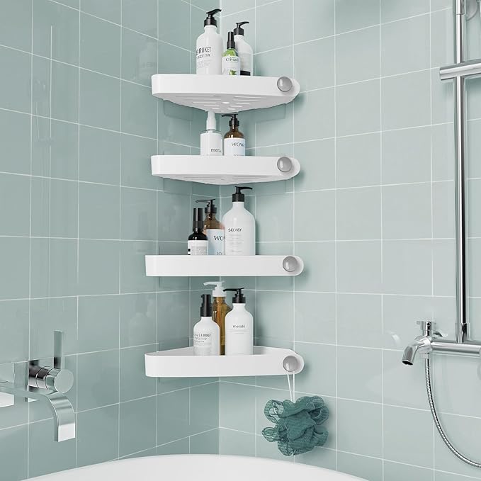 Sotfamily Plastic Shower Caddy Corner (for 90° Only), 4 Pack Adhesive Corner Shower Shelves for Bathroom Organizers and Storage, White by Sotfamily