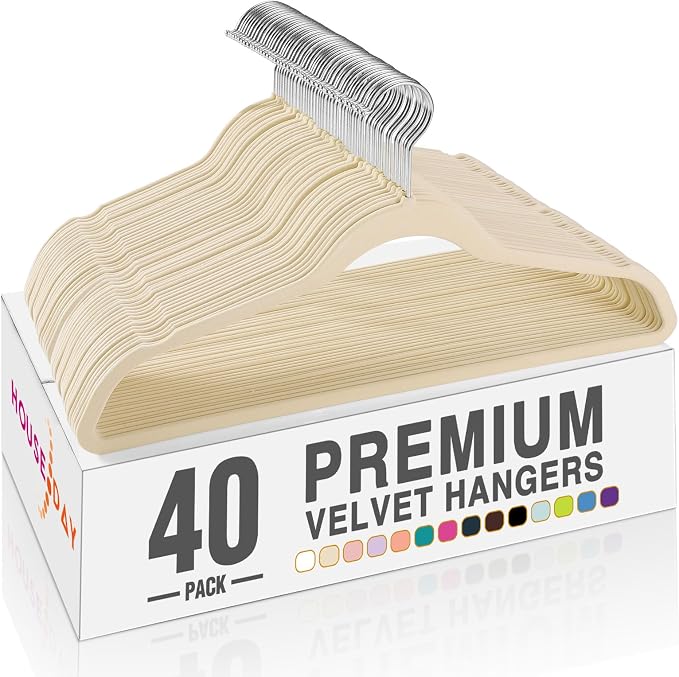HOUSE DAY Beige Velvet Hangers 40 Pack, Non Slip Clothes Felt Hanger Heavy Duty for Coat, Premium Slim Space Saving Suit Hangers for Closet Organizer, 360° Rotating Silver Hook by HOUSEDAY