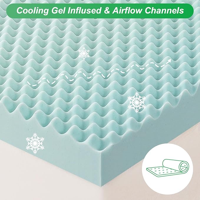 3 Inch Full Size Egg Crate Cooling Gel Memory Foam Mattress Topper, Convoluted Bed Topper for Pressure Relief and Enhanced Airflow, CertiPUR-US Certified