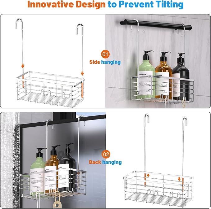 YUOROS Shower Caddy Hanging, Over the Door Shower Organizer Rack 304 Stainless Steel Rustproof Bathroom Storage Shampoo Holder Basket (Silver) - Image 5