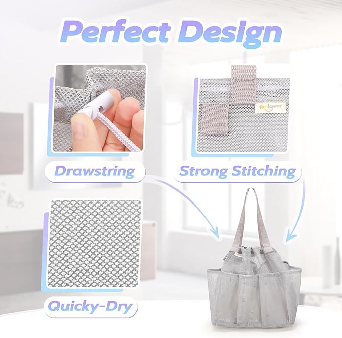 famichan Mesh Shower Caddy Portable with Drawstring, Dorm Room Essentials for College Students, Grey Shower Bag for Camping,Swimming,Gym,Travel,Bathroom - Image 3