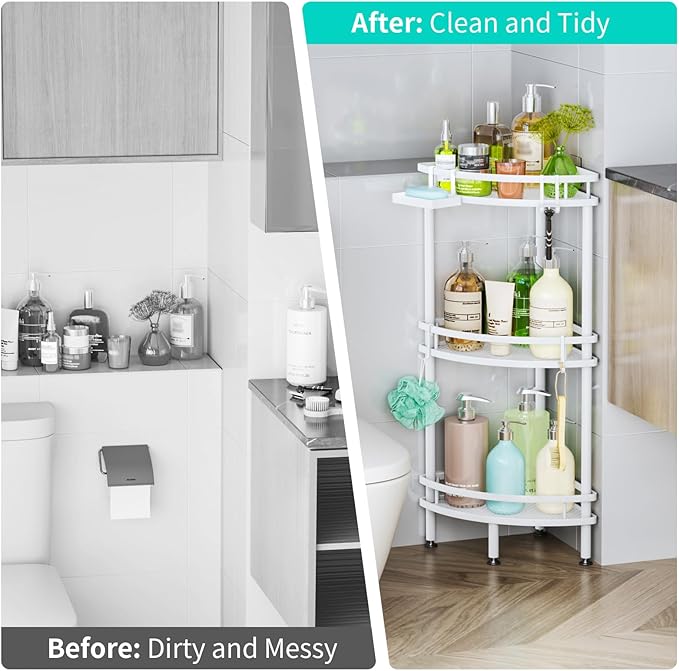 HapiRm Standing Corner Shower Caddy - 3 Tier Shower Organizer Corner with Soap Holder and 4 Hooks, Rustproof Bathroom Storage Shelves with Adhesives, White - Image 7