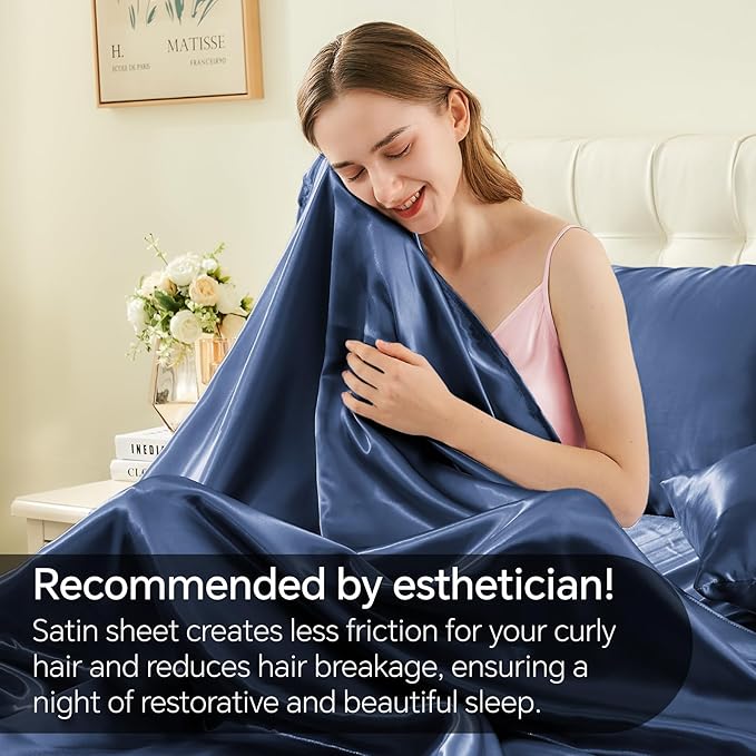 BEDELITE King Size Sheets Set, Luxury Soft Navy Satin Sheets for Hair and Skin, Similar to Silk Bed Sheets Set 4 Pieces with 1 Deep Pocket Fitted Sheet, 1 Flat Sheet, and 2 Pillowcases