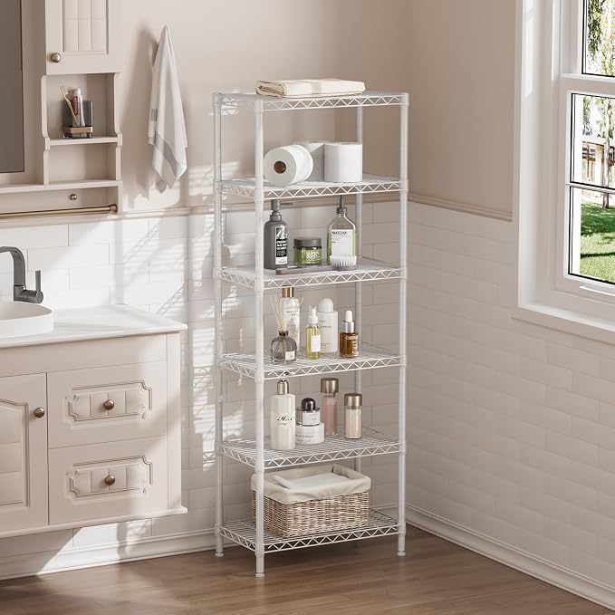 SINGAYE 6 Tier Shelf Adjustable Storage Wire Shelving Unit Metal Shelves Standing Closet Bathroom Organizers Pantry Kitchen Garage Laundry Room Organization Home Rack 12" D X 22" W X 69.5" H White - Image 7