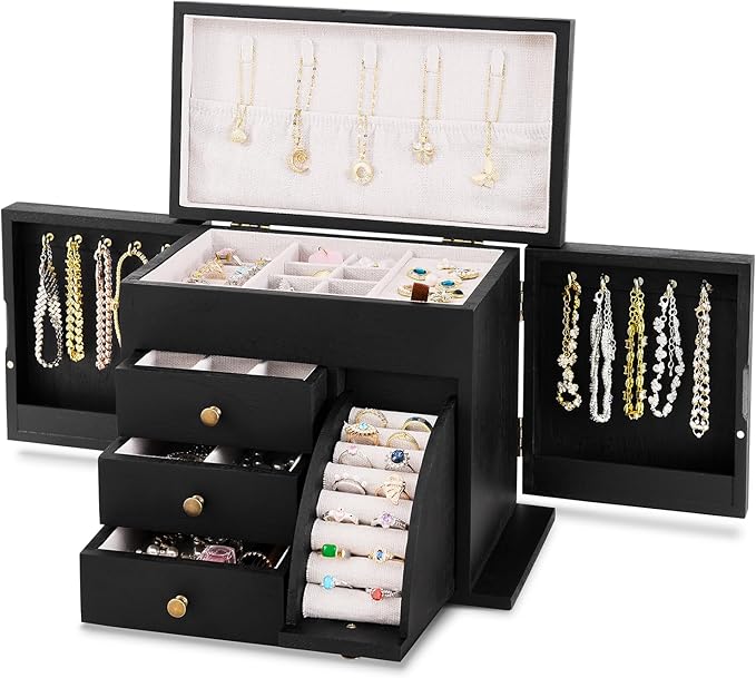 Poyilooo Jewelry Box Organizer, Solid Wood Jewelry Boxes for Women, Double Layer Jewelry Organizer Box Display Earring Necklace Bracelet Ring, Rustic Style Small Jewelry Box for Girls (Black) by Poyilooo