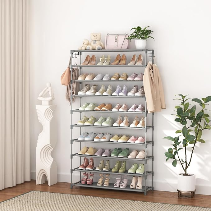 LANTEFUL 10 Tiers Shoe Rack 50 Pairs Large Capacity Tall Shoe Organizer Sturdy Shoe Storage with Two Hooks Space Saving Metal Wide Shoe Rack for Closet, Entryway, Bedroom, Grey - Image 7