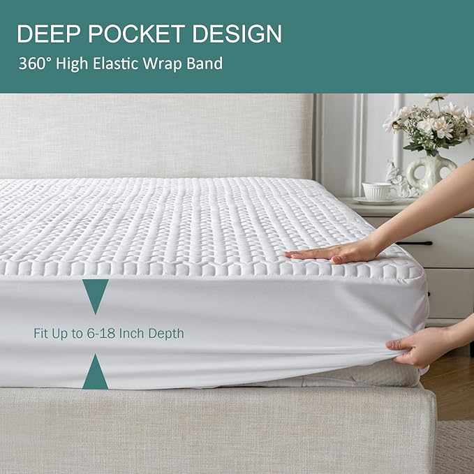 Waterproof Mattress Protector Queen Size, Mattress Pad Cover with Deep Pocket Fitted Up to 6"-18" Depth, Noiseless Soft Breathable Bed Mattress Cover Washable, White