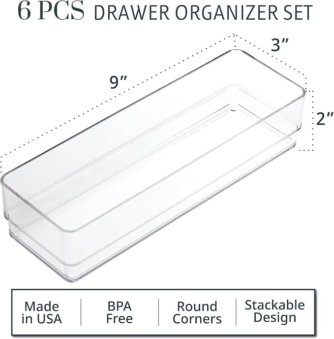 STORi SimpleSort 6-Piece Stackable Clear Drawer Organizer Set | 9" x 3" x 2" Rectangle Trays | Narrow Makeup Vanity Storage Bins and Office Desk Drawer Dividers | Made in USA - Image 2