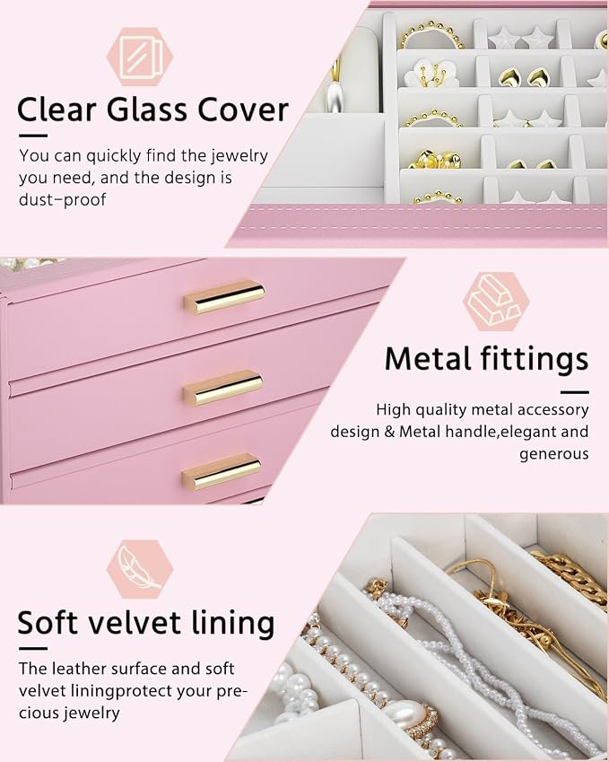 AKOZLIN Jewelry Box with Clear Lid Functional Leather Jewelry Storage Organizer Case 3 Drawers for Women Girls Necklace Ring Bracelet Earring - Image 6