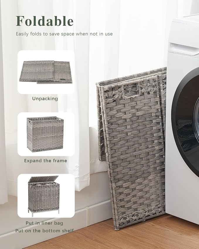 SETVSON Laundry Hamper with Lid 132 L, (35 Gallons) Clothes Hamper with Lid, Handwoven Rattan Laundry Hamper with Metal Heightened Feet, Laundry Hampers with 3 Removable Liner Bags for Laundry-Gray - Image 7