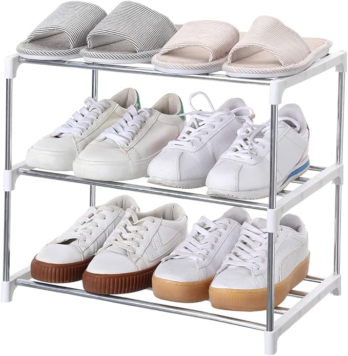 Jucaifu Stackable Small Shoe Rack, Entryway, Hallway and Closet Space Saving Storage and Organization (3-Tier, White) by Jucaifu