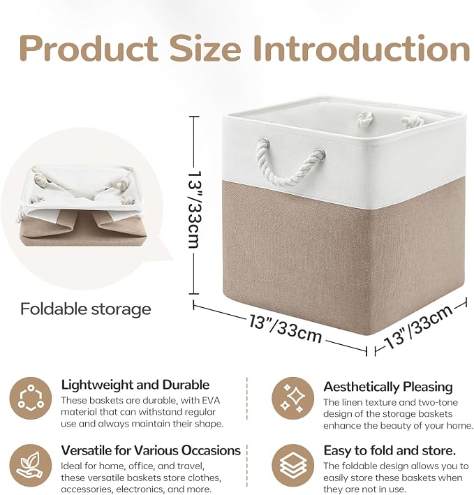 13 x 13 Inch Cube Storage Bins, 6 Pack Fabric Storage Basket with Handles, Foldable Boxes Organizer for Shelf Baskets for Home, Clothes (White/Khaki) - Image 7