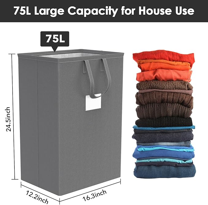 75L Large Laundry Hamper with Handles, Dirty Clothes Hamper for Bedroom Waterproof, Freestanding Tall Laundry Basket Waterproof, Hamper for Bedroom, Bathroom, Dorm, Toys Storage(Grey） - Image 2