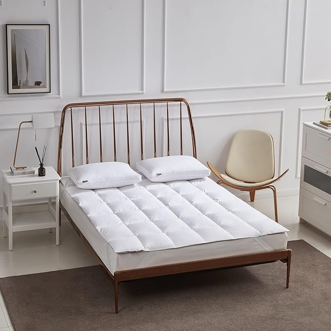 Beautyrest White Feather Down Mattress Pad Full Size - 233 Thread Count Tencel/Cotton Blend Featherbed Cover with Elasticized Anchor Bands Mattress Pad