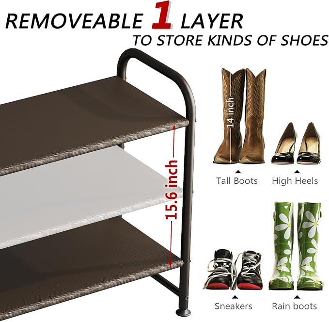 INGIORDAR Shoe Rack 3 Tier Long Storage Organizer Wide Metal Shoe Shelf for Closet Entryway Brown - Image 5