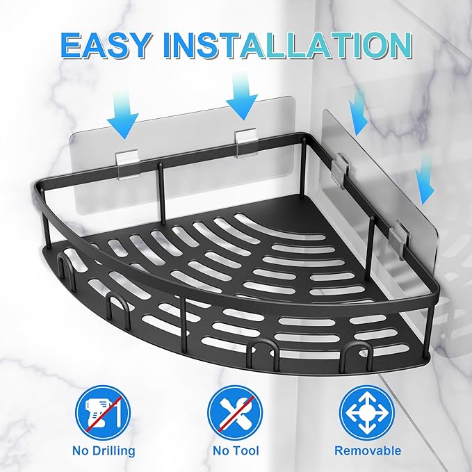 Corner Shower Caddy, 2 Pack Adhesive Bathroom Shower Corner Organizer Shelf, No Drilling Rustproof Wall Mounted Shower Storage Rack Shampoo Holder Organizer (Black) - Image 5