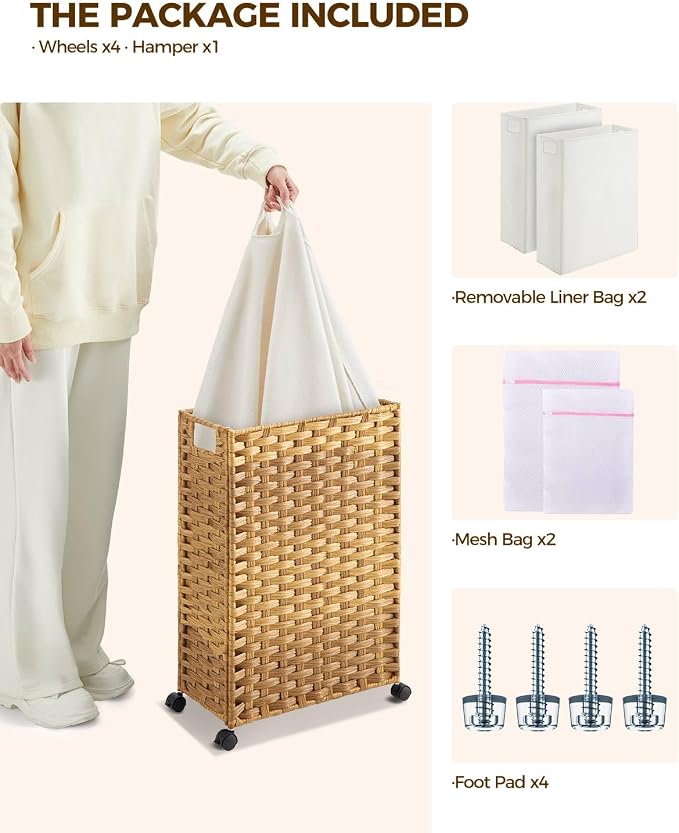 Greenstell Laundry Hamper with Wheels, 11.9 Gallon (45L) Small Clothes Hamper with 2 Removable Liner Bags & 2 Mesh Bags, Slim Rattan Laundry Basket for Bathroom, Bedroom, Natural - Image 3