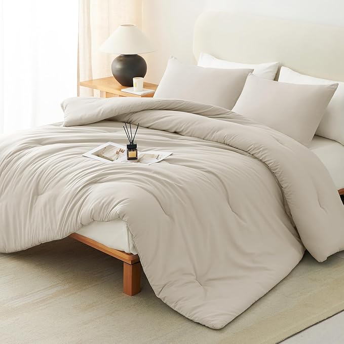 CozyLux King Size Comforter Set Oatmeal, 3 Pieces Solid Comforters King Size Breathable Quilted Bedding Sets, Luxury Soft Lightweight Bed Set with Down Alternative Comforter and 2 Pillowcases