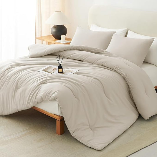 CozyLux Queen Comforter Set Oatmeal, 3 Pieces Solid Comforters Queen Size Breathable Quilted Bedding Sets, Luxury Soft Lightweight Bed Set with Down Alternative Comforter and 2 Pillowcases All Seasons