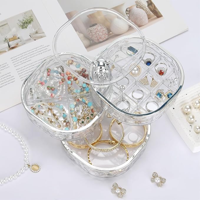 LETURE 3-Layers Rotatable Jewelry Organizer Storage Box, Clear Ripple Jewelry Holder Case for Ring Earring Necklaces Bracelets Makeup Hair Accessories, Small Rotating Jewelry Tray for Women (Clear) - Image 5