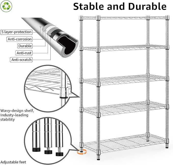M MZG 1250 lbs Steel Heavy Duty 5-Tier Utility Shelving Unit Steel Organizer Wire Rack for Home,Kitchen,Office,Chrome (13.7" D x 23.6" W x 62.4" H) - Image 4