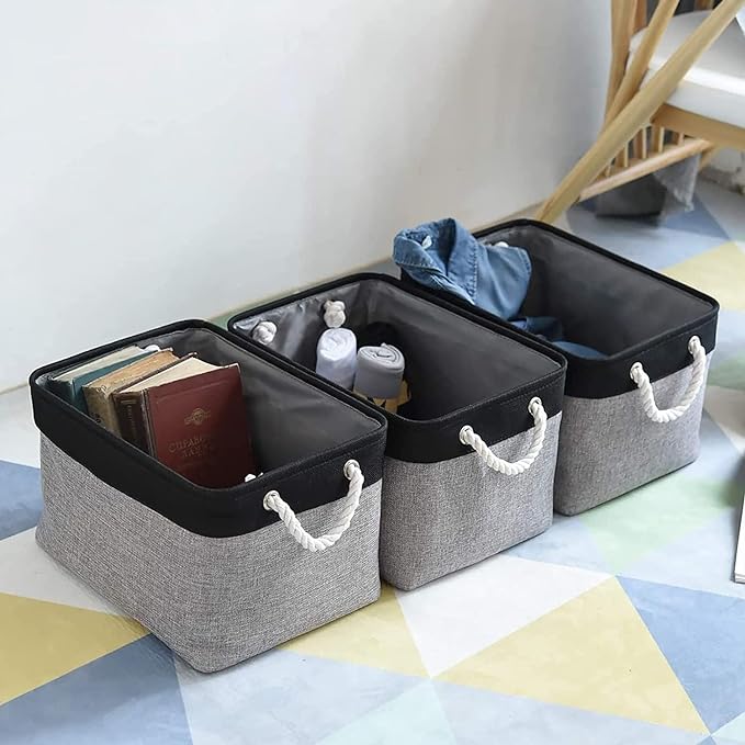 TheWarmHome Collapsible Storage Bin for Shelves - 16x12x8 inch Large 3 Pack Storage Basket for Organizing with Rope, Fabric Storage Cubes for Organizer Toy Cloth Gift Closet (Black & Grey) - Image 3