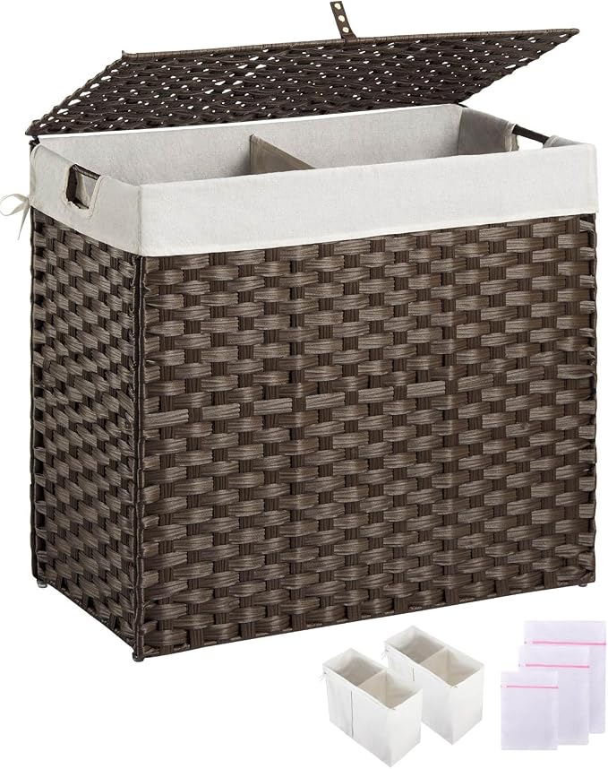 Greenstell Laundry Hamper with lid, No Install Needed, 130L Wicker Laundry Baskets Foldable 2 Removable Liner Bags, 2 Section Clothes Hamper Handwoven Rattan Laundry Basket with Handles, Brown by Greenstell