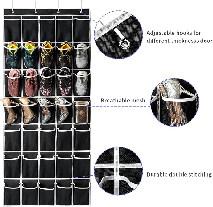 SAVERHO 35 Pockets Over the Door Shoe Organizer, Hanging Shoe Organizer for Door with 35 Mesh Pockets Large Capacity Shoe Hanging Storage Bag with 4 Metal Hooks (Black-1Pack) - Image 5