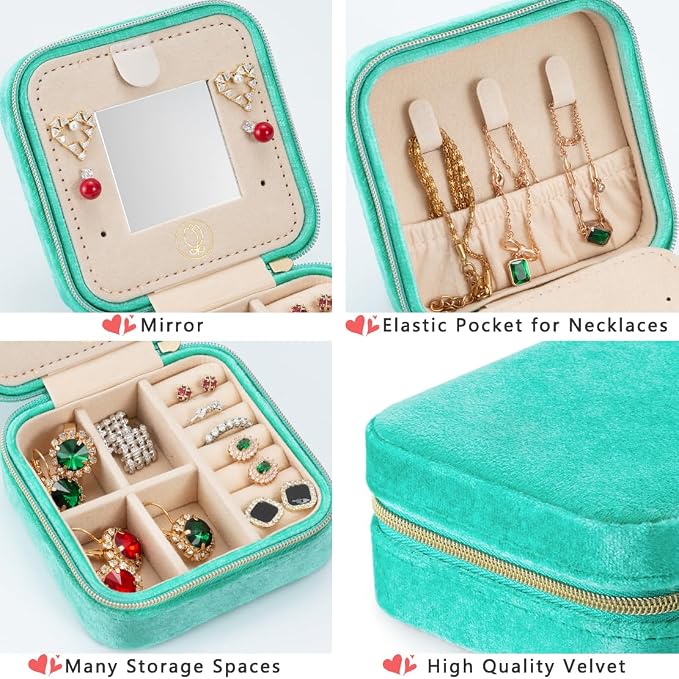 Plush Velvet Jewelry Travel Case,Small Jewelry Box,Traveling Jewelry Organizer, Portable Jewellery Storage Holder for Rings Earrings Necklace Bracelet, for Girls Women | CyanBlue-With Mirror - Image 2