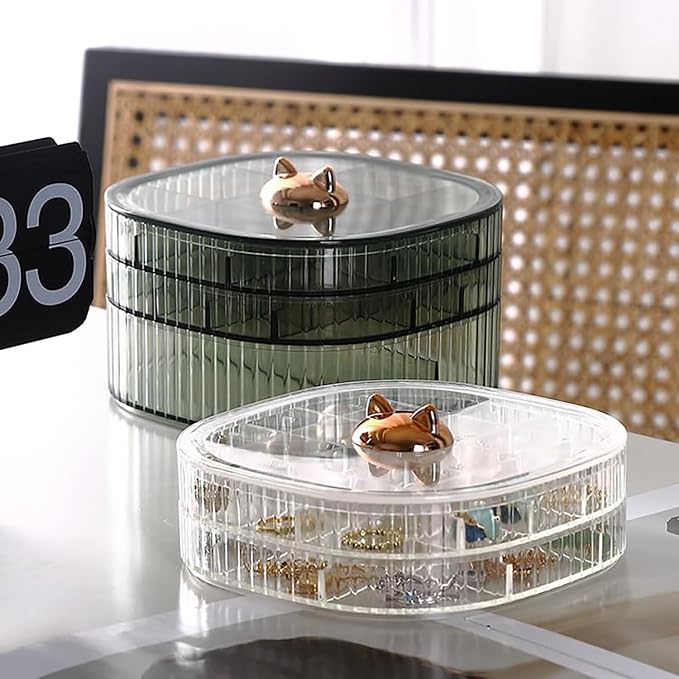HALAFE Jewelry Box, 3-Layer Acrylic Jewelry Organizer with Cat Shape Handle, Clear Jewelry Boxes for Women Girls, Make up Organizer, Jewelry Storage Holder (Green, Cat) - Image 4