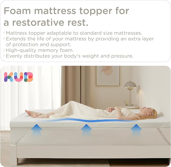 KUB 3 Inch Thick Memory Foam Mattress Topper Queen Size 60x80 Inch 3 Inch-Pain Relief Bed Topper with Breathable Cover White