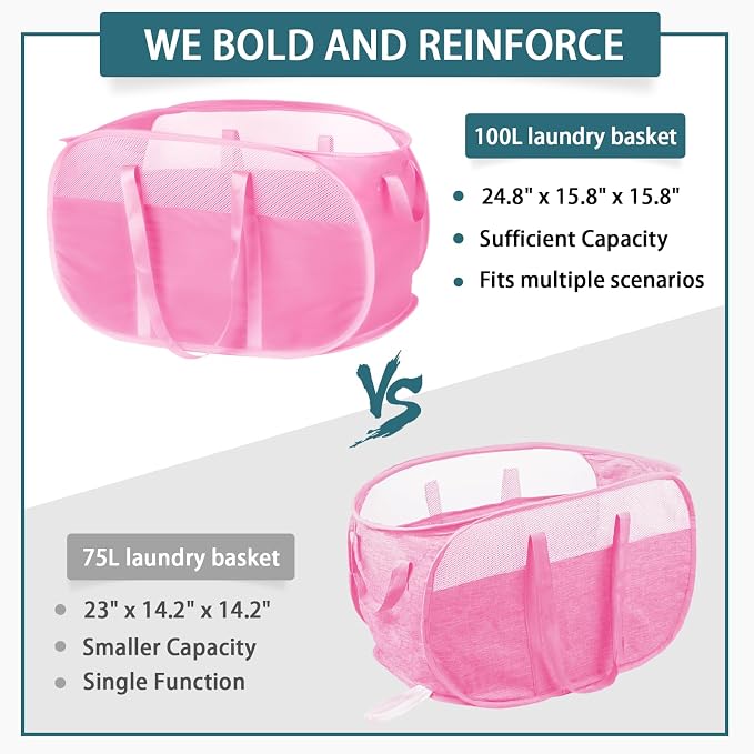 Collapsible Laundry Baskets, Tear Proof Pop Up Laundry Hamper with Dual Handles, Durable Foldable Laundry Basket, Easy to Carry Laundry Hamper for Home, Laundry Room, Bedroom, Dorm, Travel Pink - Image 4