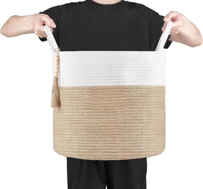 Mkono Woven Storage Basket Decorative Natural Rope Basket Wooden Bead Decoration for Blankets,Toys,Clothes,Shoes,Plant Organizer Bin with Handles Living Room Home, 16" Wx13.8 L, Cream White and Brown - Image 6