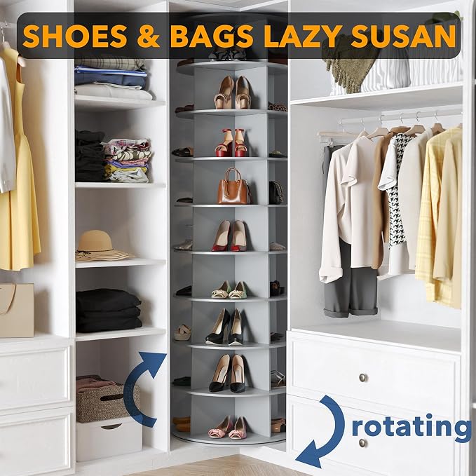 SpaceAid 9 Tier Rotating Shoe Rack Tower, Spinning Shoe Display Lazy Susan, Revolving 360 Shoe Rack Storage Round Carousel, Vertical Handbag Rotate Shoes Closet Organization (9-Tier Gray) - Image 4