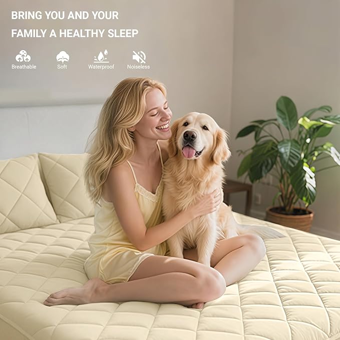 King Mattress Protector,Waterproof Mattress Protector Fitted Up to 16" Deep Pocket, Soft Breathable Bed Mattress Cover for Bedroom,Doom Room,(Khaki)