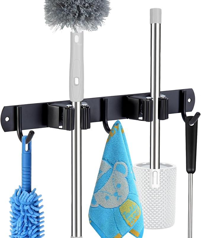voze 2 Racks and 3 Hooks Mop and Broom Holder Wall Mount, Self Adhesive Heavy Duty Broom Organizer Storage Tool Racks for Kitchen Garden Laundry Garage by voze
