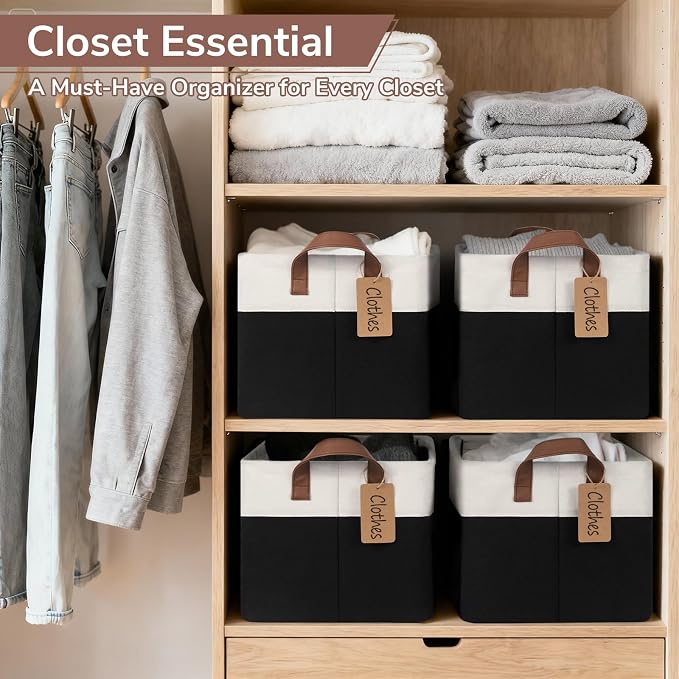 CHICVITA 4 Pack Large Storage Baskets for Shelves, Collapsible Fabric Storage Bins with Metal Frame Handles, Decorative Closet Organizers Bins for Toys, 16.8" x 11" x 9.8", Black & White - Image 2