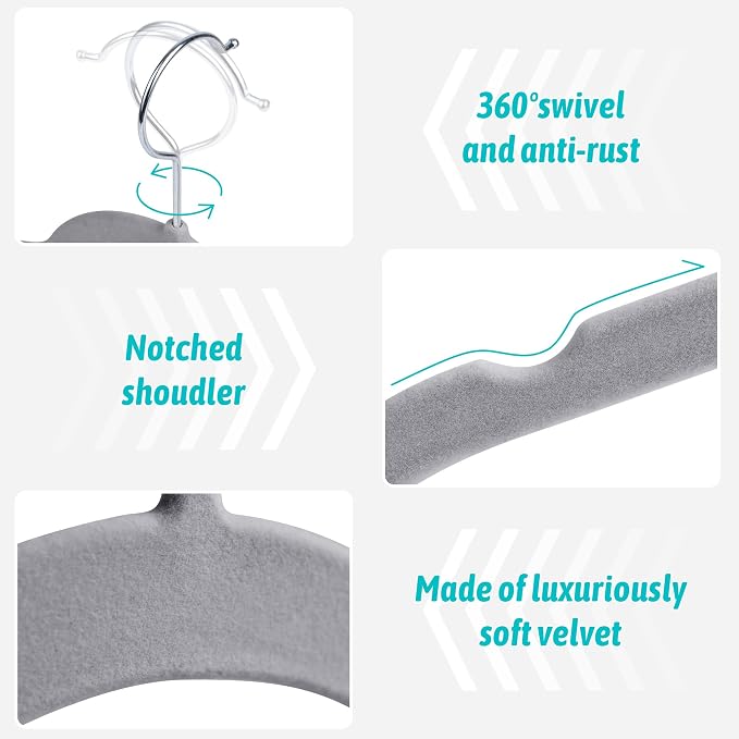 Sishynio Premium Velvet Shirt Hangers 30 Pack, Space-Saving Non-Slip Felt Hanger with 360° Swivel Hook, Slim Flocked Hangers for Strappy Dresses, Blouses, Tank Tops(Grey) - Image 2