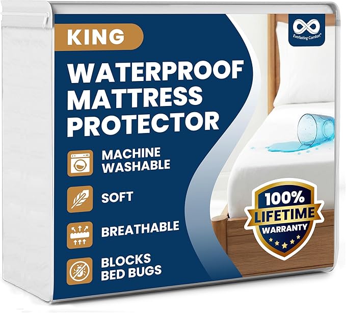 Everlasting Comfort Premium King Size Mattress Protector - Waterproof & Hypoallergenic, Noiseless Design, Washable Cover, 18" Deep Pocket, Bed Bug & Dust Mite Proof Cover for Sleep Hygiene