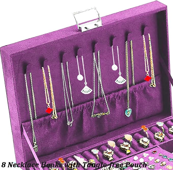 QBestry 3-Layer Jewelry Box for Women with Lock and Key & Drawer, Large Jewelry Organizer with 8 Necklace Hooks & 56 Earring Holes, Purple Velvet Jewelry Storage Box for Necklace Earring Ring Bracelet - Image 5