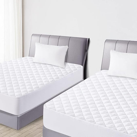 Quilted Fitted Twin Mattress Pad Cover, Waterproof Mattress Protector, Deep Pocket Elastic Fits Up to 18'', Breathable Soft Alternative Filling Mattress Pad (2 Pack)