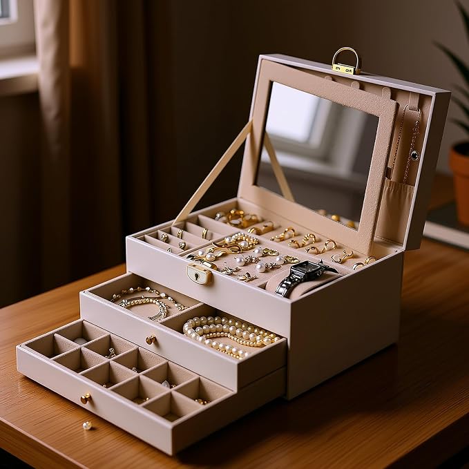 3 Layer Jewelry Boxes for Women with Mirror Large Jewelry Organizer Box with 2 Jewelry Organizer Drawer PU Lockable Elegant Unique Gifts for Women, White - Image 9