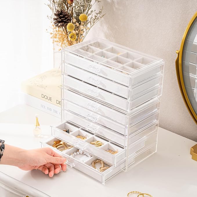 ProCase Earring Holder Organizer Jewelry Box with 8 Drawers, Acrylic Clear Earring Case with Adjustable Velvet Trays for Women - Warmwhite,8 Layers - Image 3